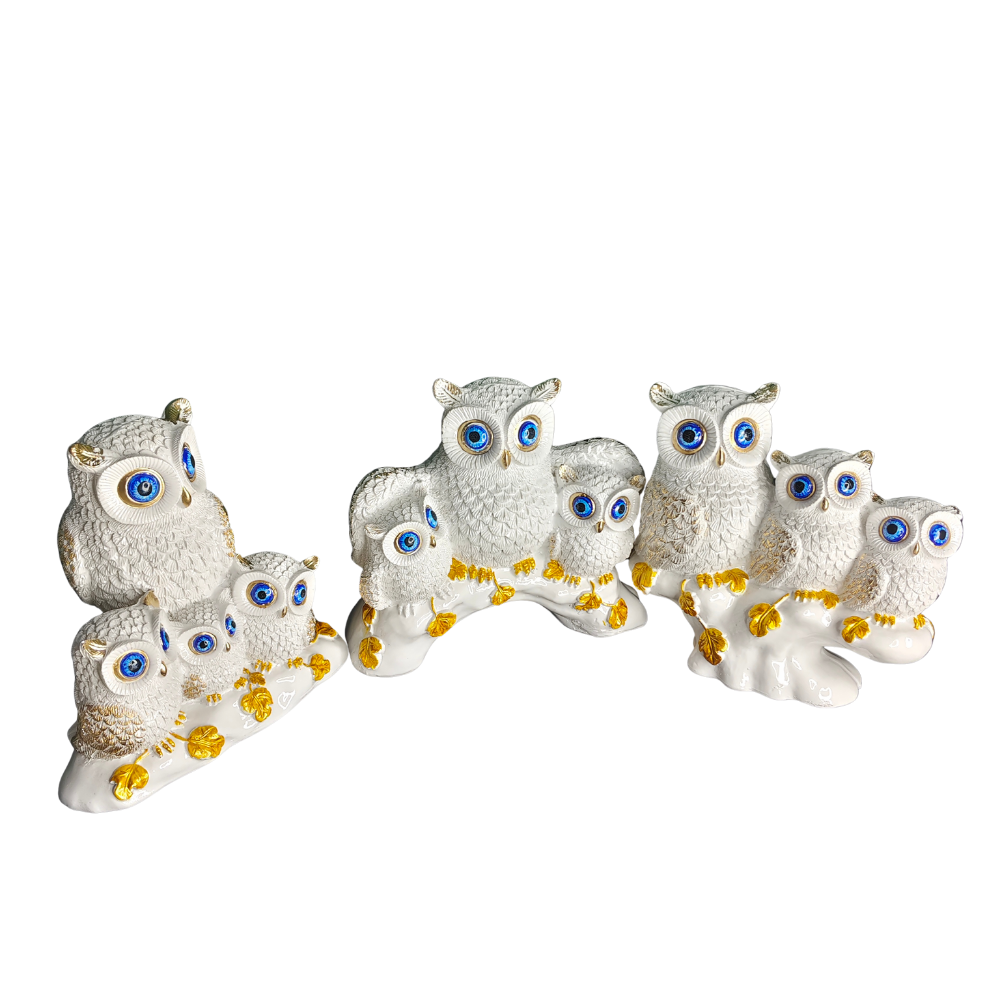 White Owl Family Decorative Showpiece Set (Set of 3) – Blue Eyes & Gold Detailing