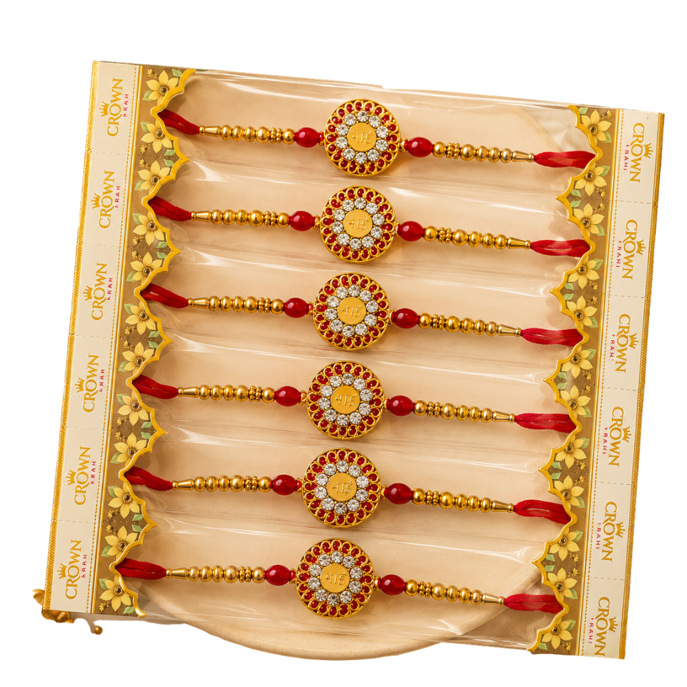 Designer Kundan Rakhi Set of 6 – Red Beaded Golden Rakhi for Raksha Bandhan