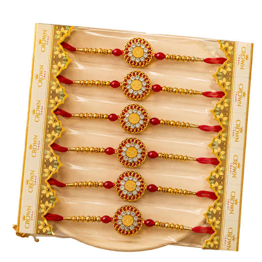 Designer Kundan Rakhi Set of 6 – Red Beaded Golden Rakhi for Raksha Bandhan