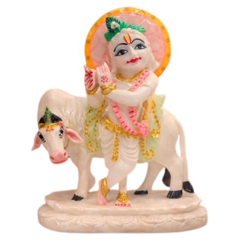 Handcrafted Marble Lord Krishna Idol with Cow for Home Temple & Puja Decor