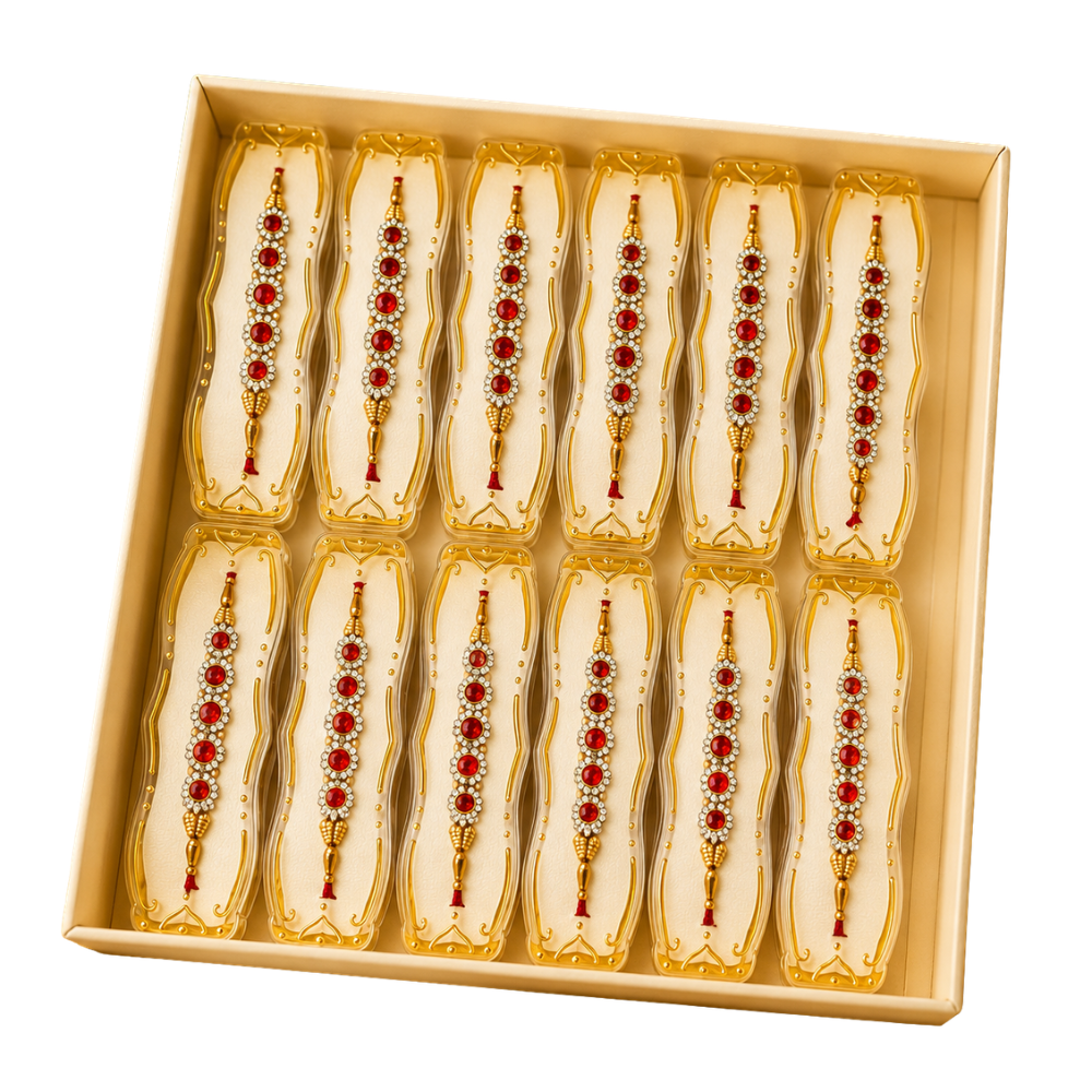 Premium Designer Kundan Rakhi Set of 12 – Red Stone & Golden Beaded Rakhi for Brother