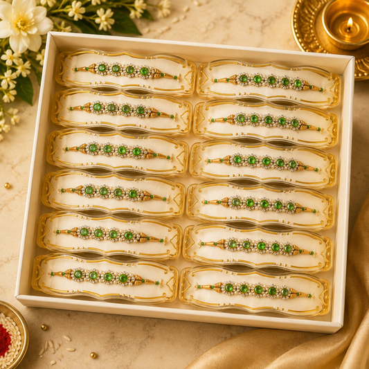 Designer Green Kundan Rakhi Set of 12 – Elegant Stone Rakhi for Raksha Bandhan