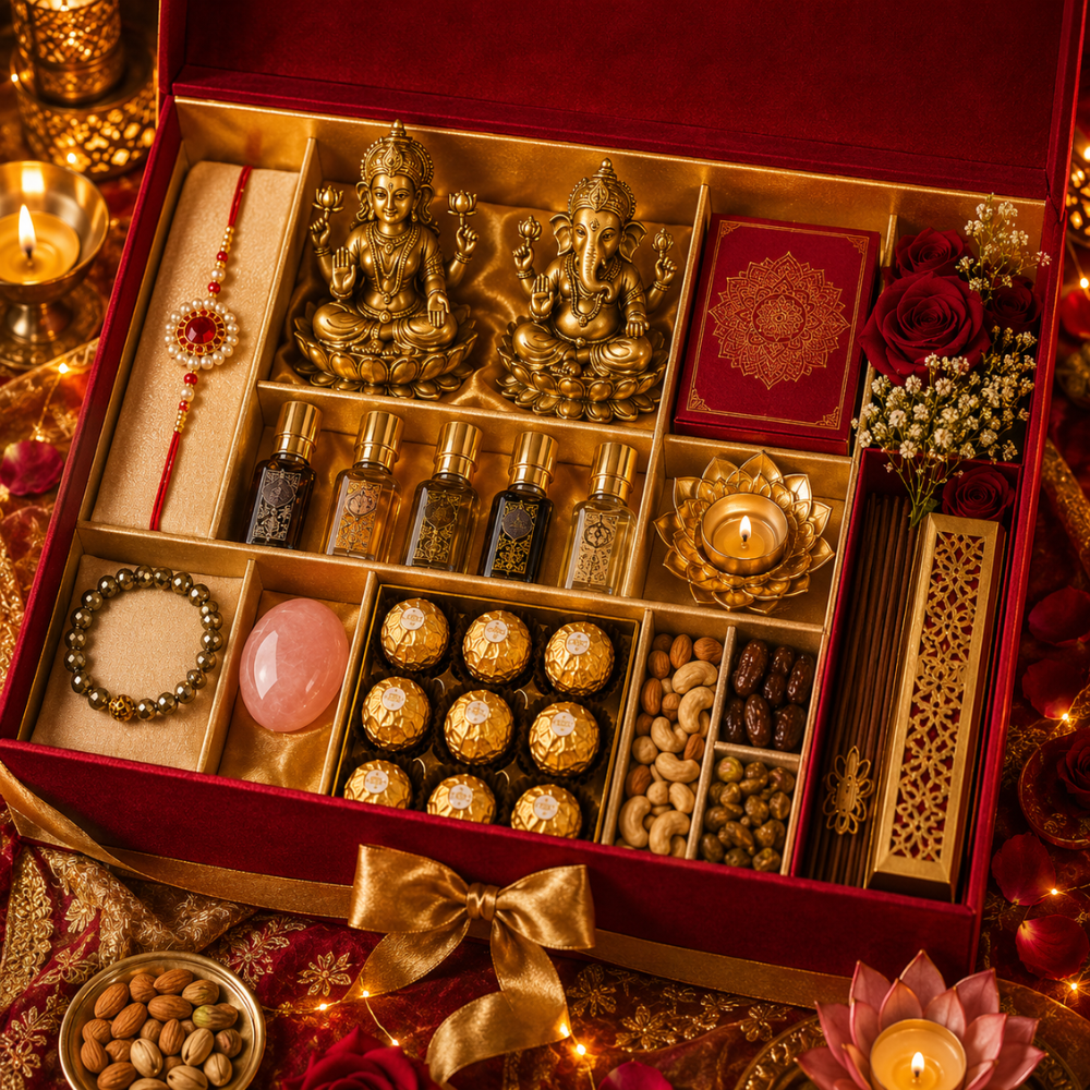 Royal Heritage Rakhi Gift Hamper with Lakshmi Ganesh & Premium Attars
