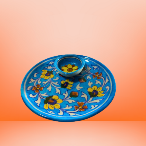 Azure Dreams Handcrafted Floral Diya Plate Set