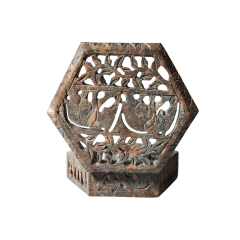 Hexagon Stone Carved Jali Box – Traditional Handcrafted Decorative Storage