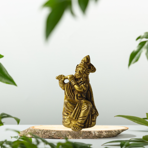 Golden Krishna Brass Idol with Flute Showpiece