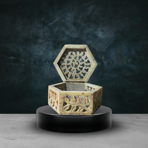 Small Hexagonal Marble Jali Box – Handcrafted Decorative Keepsake Storage