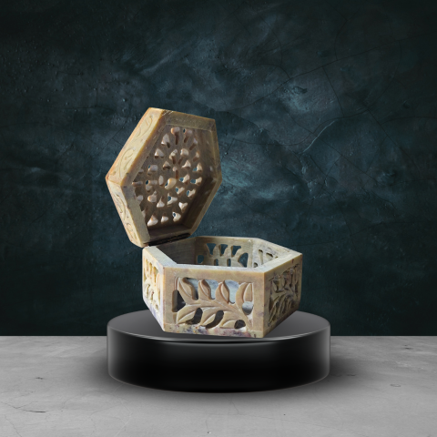 Small Hexagonal Marble Jali Box – Handcrafted Decorative Keepsake Storage