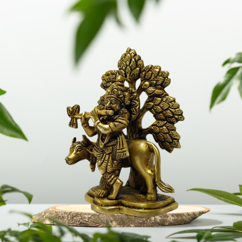 Divine Shree Krishna with Cow Brass Idol