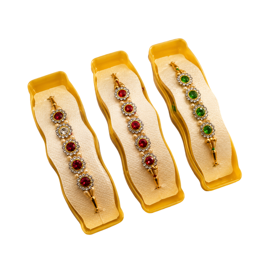 Red & Green Designer Rakhi Set of 3 – Pearl Stone Work Raksha Bandhan Rakhi