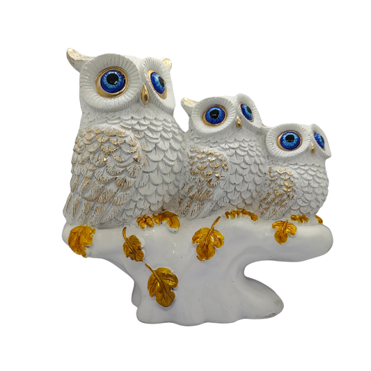 ServPuja White & Gold Three Owl Showpiece – Vastu Lucky Owl Family Statue