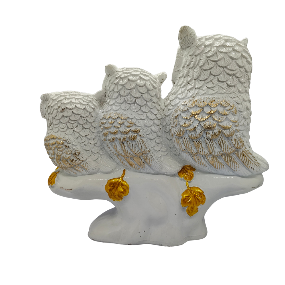 ServPuja White & Gold Three Owl Showpiece – Vastu Lucky Owl Family Statue