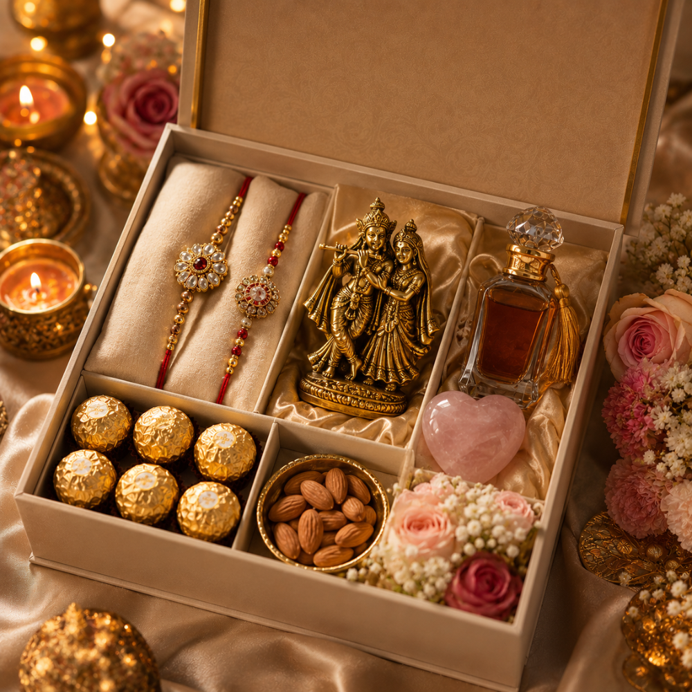 Luxury Raksha Bandhan Gift Hamper with 2 Designer Rakhis & Radha Krishna Idol