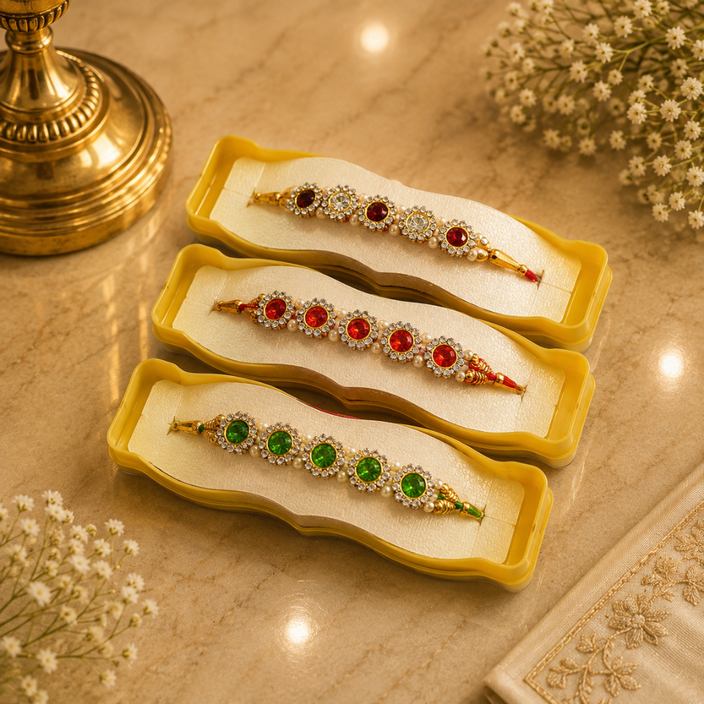 Red & Green Designer Rakhi Set of 3 – Pearl Stone Work Raksha Bandhan Rakhi
