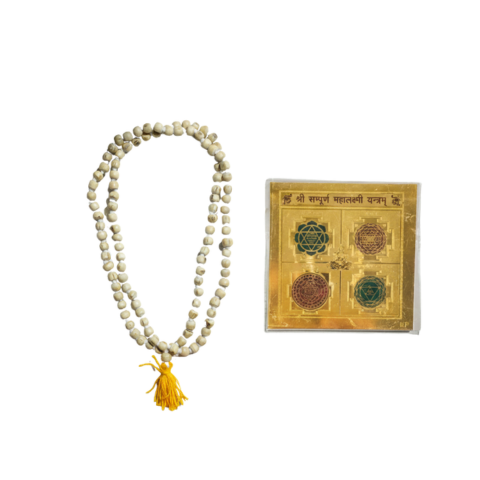 Divine Lakshmi Blessings Combo – Energized Sampurn Mahalakshmi Yantra with Sacred Tulsi Mala(Perfume Free)