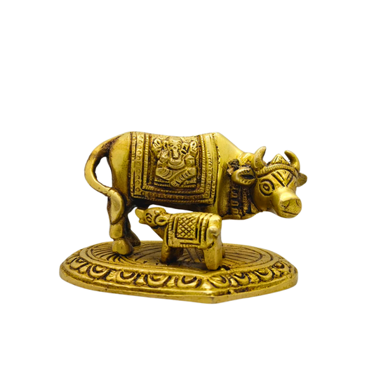 Brass Kamdhenu Cow and Calf Idol – Vastu Gau Mata Statue for Home Temple