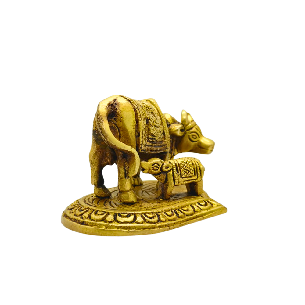Brass Kamdhenu Cow and Calf Idol – Vastu Gau Mata Statue for Home Temple