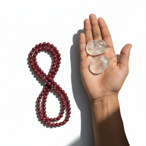 Crystal Clarity Healing Combo – Sphatik Palm Stones with Energy Red Beads Mala ( Perfume Free)