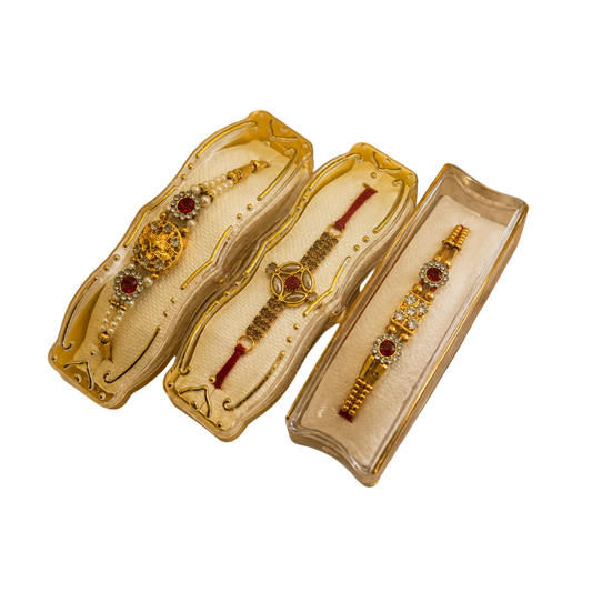 Elegant Designer Rakhi Combo Set of 3 – Red Pearl & Kundan Stone Work Rakhi