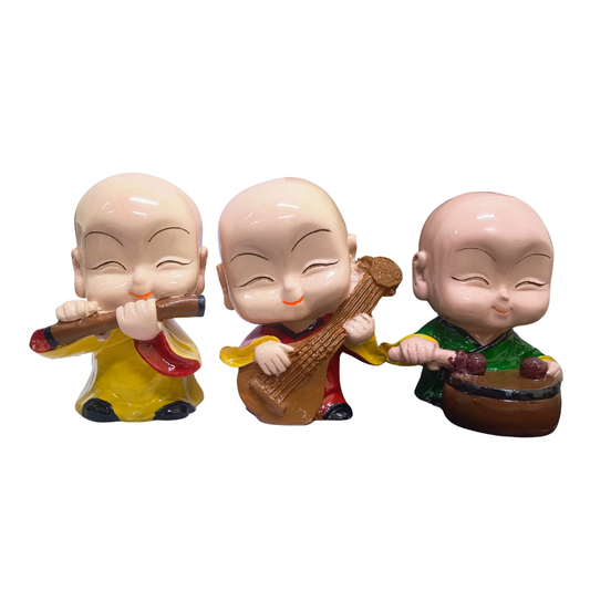 3 Musical Monk Buddha Set – Smiling Kids Home Decor & Positive Energy Showpiece