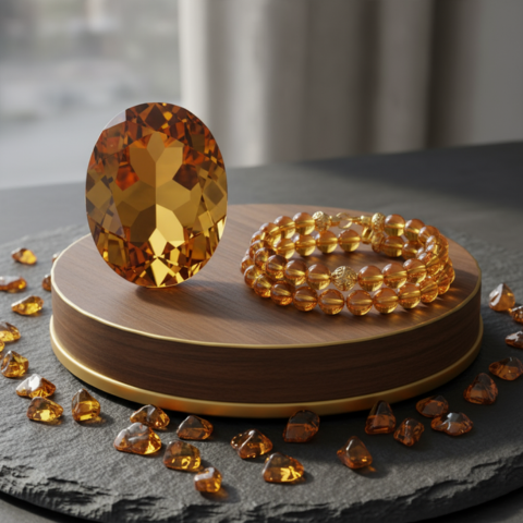 Luxurious Amber Gemstone and Beaded Bracelet on Elegant Wooden Display Stand