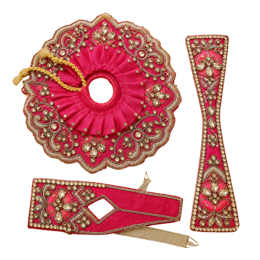 Designer Pink Ladoo Gopal Mukut Poshak Set – Embroidered Stone Work Thakur Ji Shringar Dress