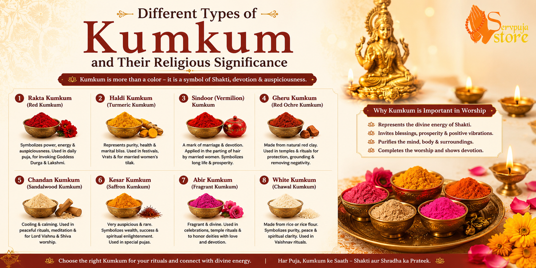 Different types of Kumkum used in Hindu worship for tilak, puja rituals, and spiritual significance