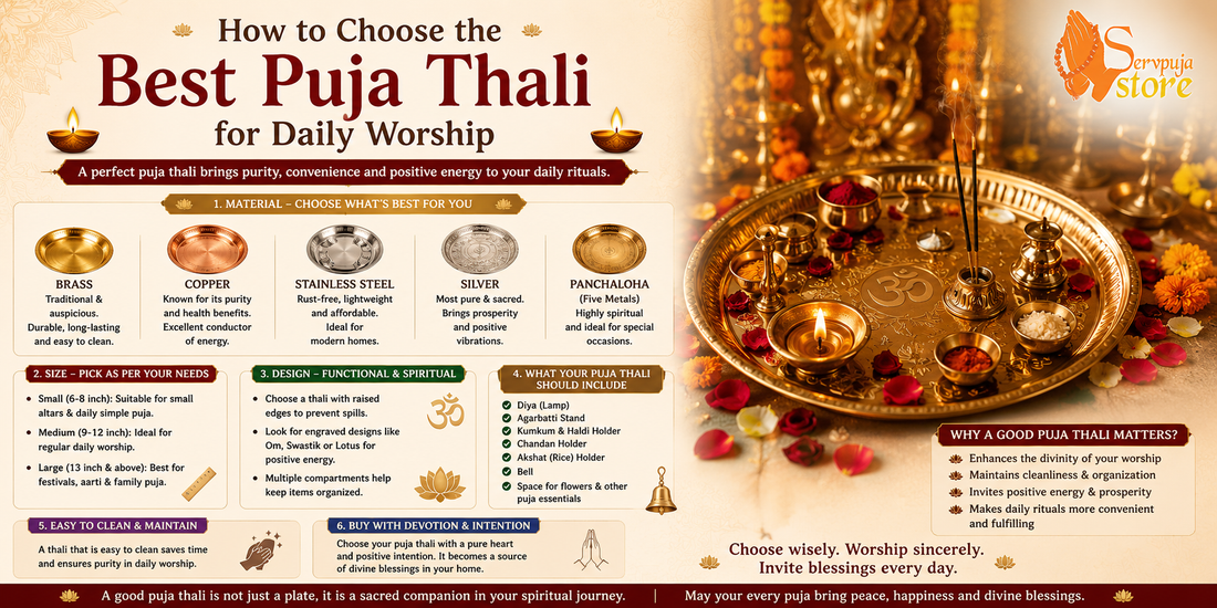 Traditional brass puja thali with diya, kumkum, haldi, rice, flowers, incense, bell, and other essential Hindu worship items arranged for daily home puja.