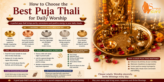 Traditional brass puja thali with diya, kumkum, haldi, rice, flowers, incense, bell, and other essential Hindu worship items arranged for daily home puja.