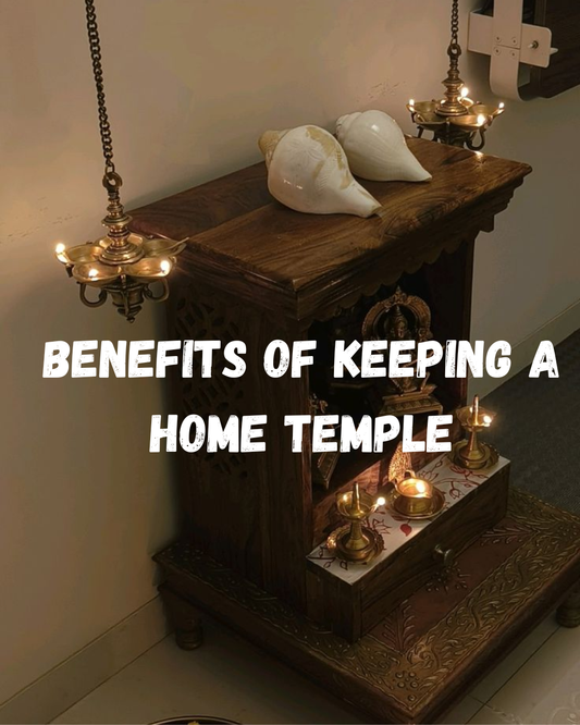 Beautiful home temple setup with diya and flowers for daily prayer