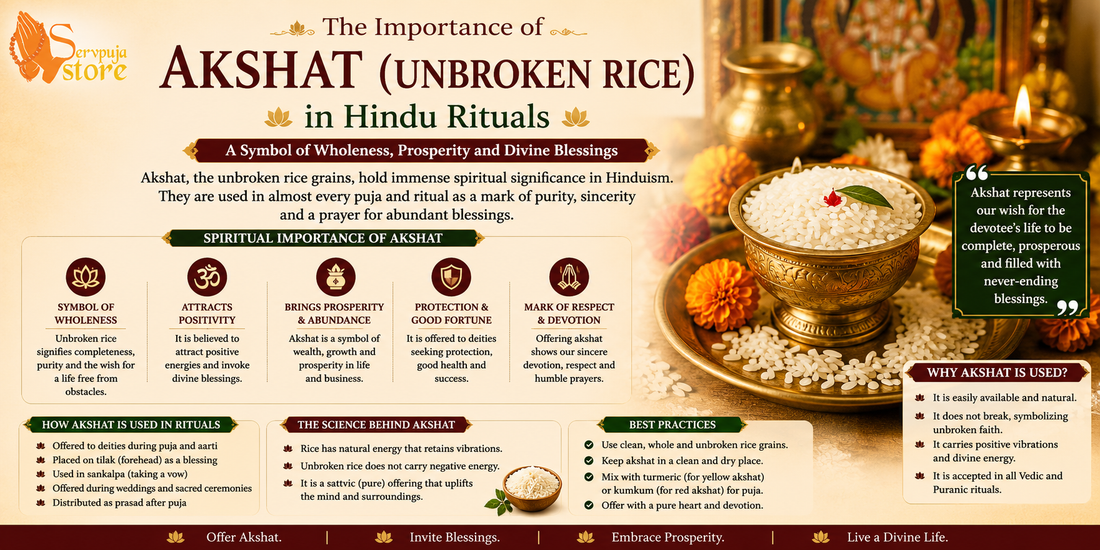 Akshat unbroken rice used in Hindu rituals as a symbol of purity, prosperity, and divine blessings during puja