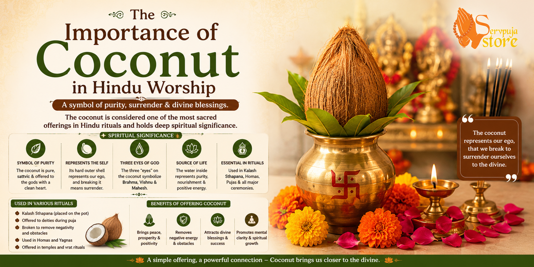 Sacred coconut used in Hindu worship as a symbol of purity, prosperity, devotion, and divine blessings during puja rituals