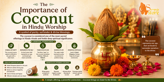 Sacred coconut used in Hindu worship as a symbol of purity, prosperity, devotion, and divine blessings during puja rituals