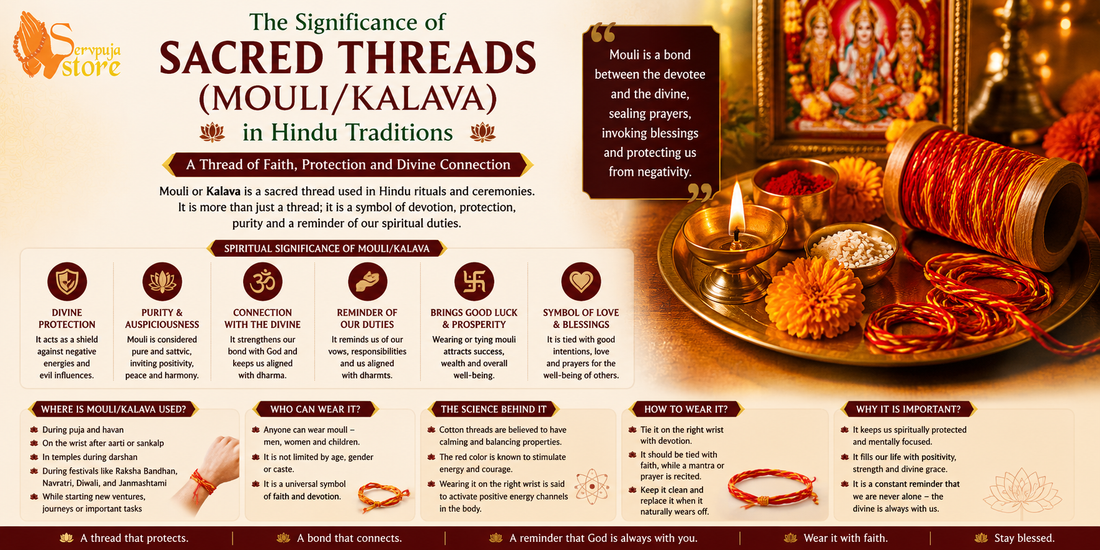 Sacred Mouli Kalava thread used in Hindu traditions for protection, blessings, devotion, and religious rituals