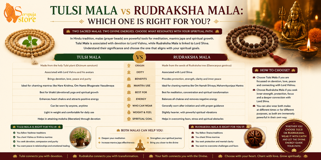 Tulsi Mala vs Rudraksha Mala comparison for Hindu worship, mantra chanting, meditation, and spiritual benefits