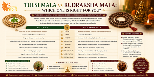 Tulsi Mala vs Rudraksha Mala comparison for Hindu worship, mantra chanting, meditation, and spiritual benefits