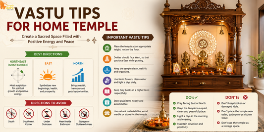 Beautiful home temple designed according to Vastu tips with idols, diya, flowers, and peaceful spiritual ambiance.