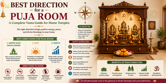 Elegant home puja room located in the northeast direction according to Vastu Shastra with wooden mandir, Hindu idols, brass diya, flowers, and a peaceful spiritual atmosphere.