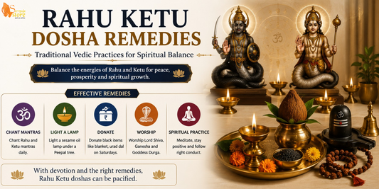 Traditional Vedic puja for Rahu Ketu Dosha featuring Navagraha idols, sacred fire, priest chanting mantras, oil lamps, and offerings for spiritual balance and planetary peace.