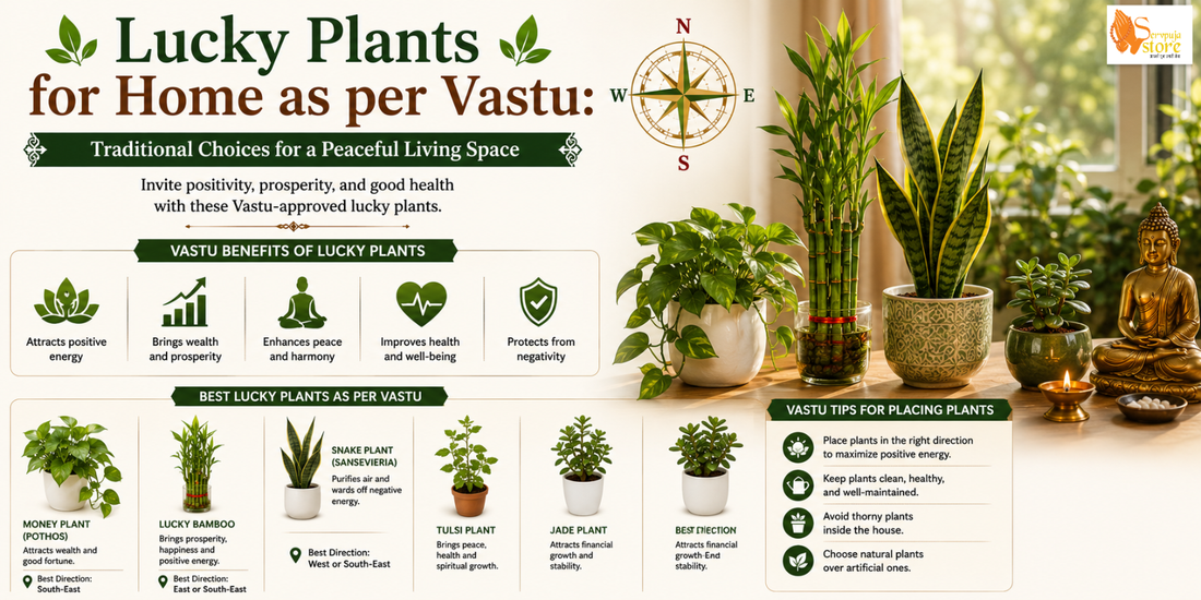 Collection of lucky Vastu plants including Tulsi, money plant, lucky bamboo, aloe vera, and peace lily arranged in a bright home to promote positivity and prosperity.