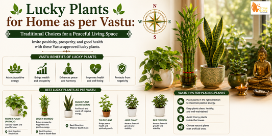 Collection of lucky Vastu plants including Tulsi, money plant, lucky bamboo, aloe vera, and peace lily arranged in a bright home to promote positivity and prosperity.