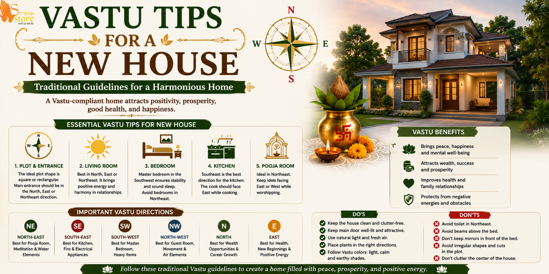 Modern new house designed according to Vastu principles with a welcoming entrance, home temple, natural lighting, greenery, and a peaceful family environment.