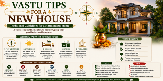 Modern new house designed according to Vastu principles with a welcoming entrance, home temple, natural lighting, greenery, and a peaceful family environment.