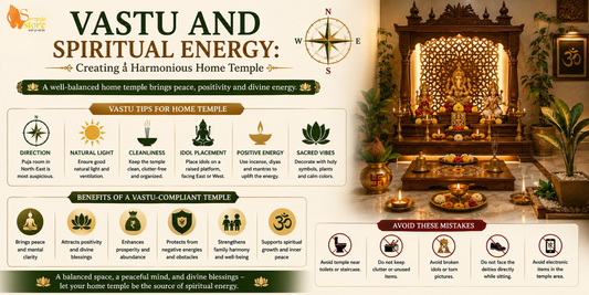 Peaceful home temple designed according to Vastu with Hindu idols, brass diya, incense, fresh flowers, natural sunlight, and a calm spiritual atmosphere promoting positive energy.