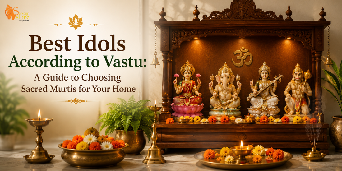Beautiful home temple featuring Lord Ganesha, Lakshmi, Shiva, Krishna, and Hanuman idols arranged according to Vastu with brass diyas, flowers, and a peaceful spiritual atmosphere