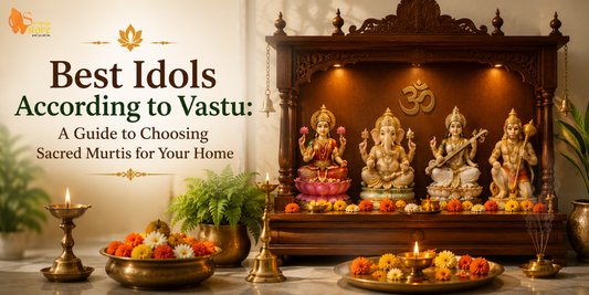 Beautiful home temple featuring Lord Ganesha, Lakshmi, Shiva, Krishna, and Hanuman idols arranged according to Vastu with brass diyas, flowers, and a peaceful spiritual atmosphere