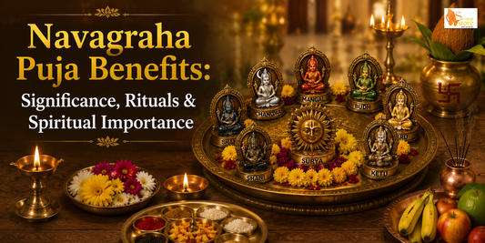 Traditional Navagraha Puja with nine planetary deities, sacred fire, priest chanting Vedic mantras, flowers, lamps, and offerings in a Hindu temple.