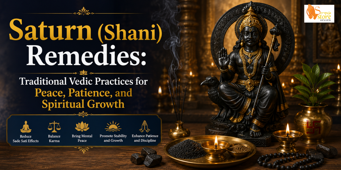Traditional Shani Dev worship with oil lamp, black sesame seeds, mustard oil, blue flowers, and a devotee offering prayers for peace, patience, and spiritual growth.