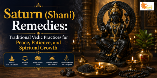 Traditional Shani Dev worship with oil lamp, black sesame seeds, mustard oil, blue flowers, and a devotee offering prayers for peace, patience, and spiritual growth.
