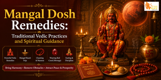 Traditional Mangal Dosh Puja with sacred fire, Lord Hanuman idol, red flowers, priest chanting Vedic mantras, and devotional offerings for spiritual harmony.